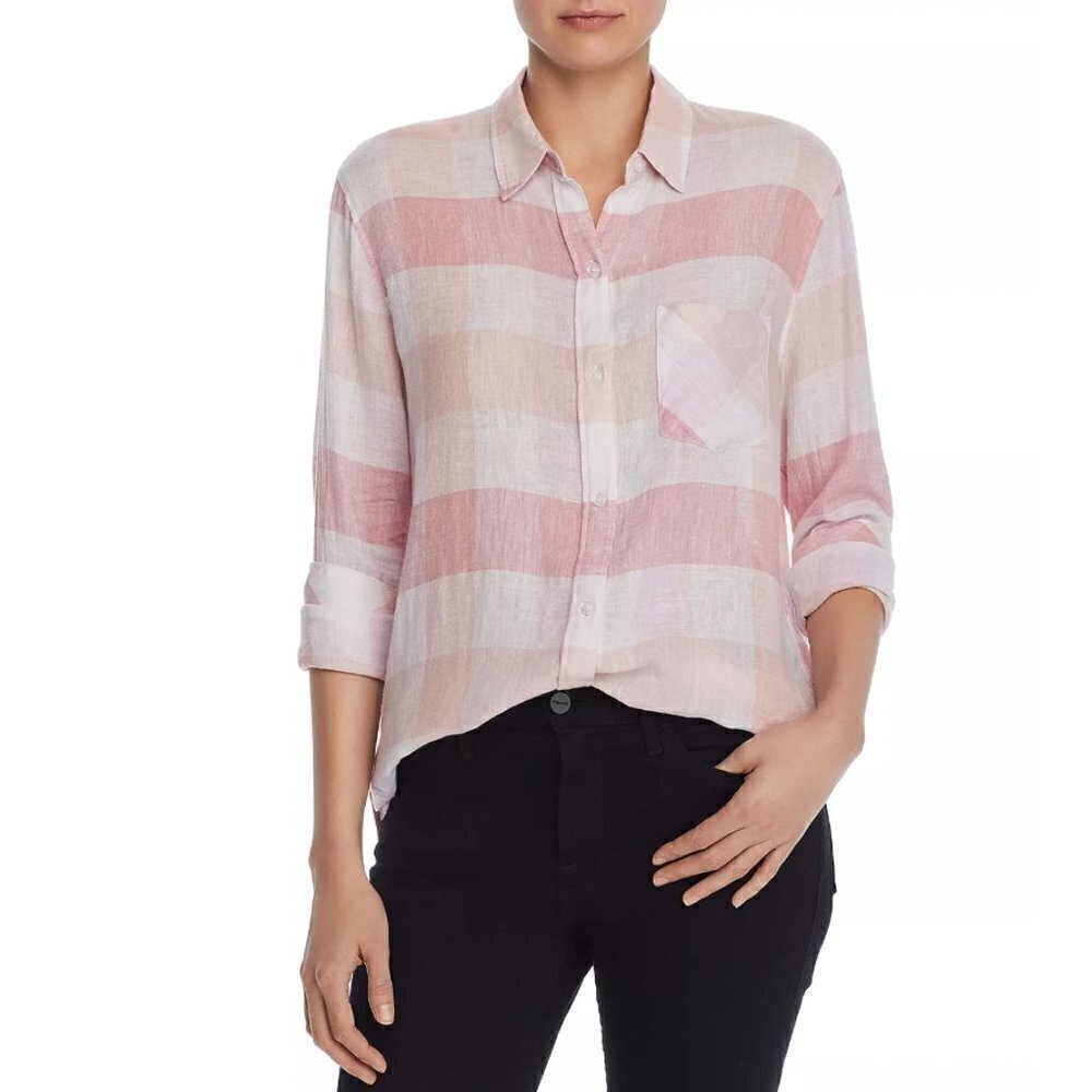 Rails Charli Checkered Plaid Button Down Shirt in Peach/Blush/White, Medium